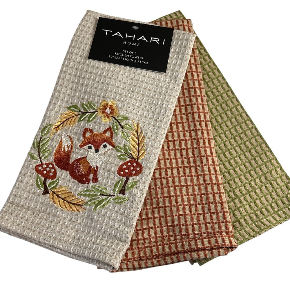 NEW Tahari Home FOX & MUSHROOM Fall Themed Textured Kitchen Towels Set/3